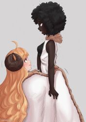 1futa 1girls afro anila_(granblue_fantasy) blonde_hair clothed clothed_sex clothing dark-skinned_futanari dark_skin futa_on_female futanari granblue_fantasy horns interracial long_hair looking_at_viewer paizuri size_difference umeyiyo