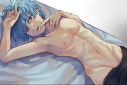 1boy after_sex artist_request bed bedroom_eyes blue_hair digital_media_(artwork) kaido_shun nipples partially_clothed red_eyes saiki_kusuo_no_psi_nan thin