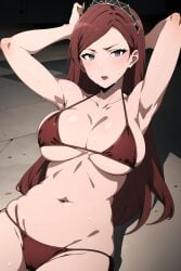 1girls ai_generated armpits arms_behind_head big_breasts bikini busty cleavage female female_only hilda_boreas_greyrat large_breasts legs long_hair looking_at_viewer lying mature mature_female mature_woman mushoku_tensei navel pose posing red_bikini red_hair sensual sexy_armpits solo thighs