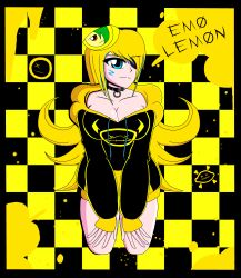 1girls 2020s 2023 2d 2d_(artwork) 5_fingers big_boobs big_breasts big_thighs black_and_yellow_clothing blue_eyes breasts checkered_background cleavage emo emo_girl emo_hair emo_haircut emo_hairstyle eye_patch female female_only finnfazhog hair_covering_eye hair_fruit hoodie_only human human_only lemon looking_at_viewer red_eyes thick_thighs vannalemon vannamelon vannamelon_(copyright) yellow_and_black