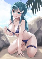 1girls amano_nene_(vtuber) beach bikini blush breasts classic_tonight clouds cyan_eyes cyan_hair female female_only hair_ornament happy huge_breasts light-skinned_female light_skin outside production_kawaii sand sky solo swimsuit virtual_youtuber water wet wet_skin