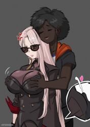 1futa 1girls angry black_hair breast_grab breasts closed_eyes clothed clothing cum cum_under_clothes dungeon_fighter_online erection erection_under_clothes female futa_on_female futanari grabbing grabbing_breasts grabbing_from_behind huge_breasts long_hair medium_hair penis pink_hair smile sunglasses tinted_eyewear umeyiyo