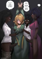 1girls 3futas afro arms_up ass balls big_breasts big_penis black_hair blonde_hair blush breast_grab breast_squeeze breasts clothed clothing collar cum dark-skinned_futanari dark_skin dialogue english_text erection expressionless female futa_on_female futanari grabbing grabbing_breasts grabbing_from_behind huge_penis human imminent_rape imminent_sex interracial light-skinned_female light_skin long_hair makeup mascara_tears mostly_clothed multiple_futanari open_mouth original penis ponytail rape restrained runny_makeup short_hair smile speech_bubble standing testicles text umeyiyo unamused