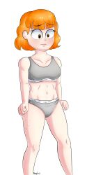 1girls bra calvin_klein female female_only fully_clothed nervous orange_hair original original_character panties shy solo underwear white_background yellowzonemx