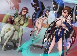 3girls black_hair blue_hair bodysuit breasts brown_hair butterfly_wings centaur centauress fairy fairy_wings female female_shinji genderswap_(mtf) heeled_feet high_heels huge_ass human humanoid large_breasts light-skinned_female light_skin light_skinned_female long_hair mari_illustrious_makinami multiple_girls neon_genesis_evangelion nerv nipples open_mouth orange_hair pilot_suit plugsuit post_transformation rebuild_of_evangelion rei_ayanami revealing_clothes rule_63 shinji_ikari short_hair stormfeder taur thick_thighs transformation wide_hips