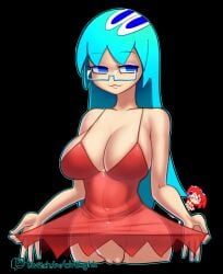 blinky_(pac-man) blue_eyes blue_hair breasts cleavage decensored edit embarrassed glasses humanized inky_(pac-man) minus8 pac-man_(series) pac-man_ghost_dance_(minus8) see-through skirt_lift square_eyes\r\npussy