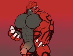 1boy abs anthro balls biceps claws dracostreex generation_3_pokemon genitals grey_body grey_penis groudon hi_res humanoid_genitalia humanoid_penis legendary_pokemon male muscular muscular_male nintendo pecs penis pink_penis pokemon pokemon_(species) red_background red_body reptile scalie simple_background solo solo_male teeth white_claws yellow_eyes