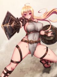 absurdres ahoge akina_t bare_hips blonde_hair breasts closed_mouth commentary_request copyright_request covered_erect_nipples fantasy female fighting_stance furrowed_brow gladiator_sandals glint gluteal_fold gold_trim half-closed_eyes highres holding holding_shield holding_sword holding_weapon jewelry large_breasts long_hair looking_at_viewer neck_ring outstretched_arm red_eyes revealing_clothes sandals serious shield sideboob solo sword v-shaped_eyebrows very_long_hair weapon wind wind_lift