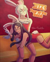 black_hair bunny_ears bunnysuit chinese_zodiac female fishnets glasses male pasc_(oc) tentacle tentacle_hair thick_ass thick_thighs twink vibi_the_alien youtube