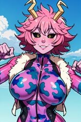 1girls aged_up ai_generated black_sclera clothed_female female female_only horns mina_ashido my_hero_academia pink_skin shizmaboof smiling solo solo_female yellow_pupils