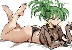 1girls alternate_hairstyle bikini curly_hair earrings feet feet_up female_only goth green_eyes green_hair laying_on_stomach looking_at_viewer on_stomach one-punch_man rakeemspoon see-through see-through_clothing see-through_top solo tatsumaki thong twintails