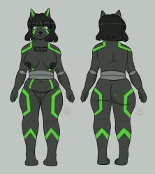 anthro black_body black_hair blokkat felid feline female gigastructural_engineering green_eyes green_markings hair hi_res machine mammal markings metallic_body nude robot solo sophbladeart stellaris wide_hips