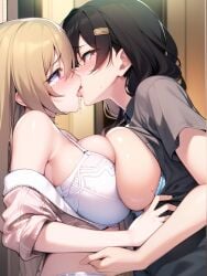 2girls after_sex aggressive ai_generated black_hair blonde_hair bra breast_press breast_squeeze brown_eyes close-up exposed_breasts hair_ornament hentai high_resolution highres ichinose_riko kaori_sakaki kissing nai_diffusion pov ran_sem rin_x_sen_+_ran_-_sem_cross_mix saliva_trail shiny_hair shiny_skin shirt_down skyrimgamer17 stable_diffusion tongue_kiss upper_body yuri