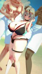 2boys 3d angry_face beach bigger_male bikini curvy disgusted female frilled_panties heart_glasses hololive hololive_japan holox huge_ass huge_breasts imminent_rape imminent_sex koikatsu multicolored_hair sakamata_chloe smaller_female sole_female sunglasses_on_head swimsuit virtual_youtuber