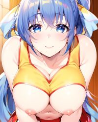 ai_generated blue_eyes blue_hair cheerleader cheerleader_uniform chieri_shizukuishi close-up hair_ribbon hentai high_resolution highres huge_breasts leaning_forward long_hair looking_at_viewer nai_diffusion nipples paizuri_cheerleader_vs_sakunyuu_ouendan ponytail pov seductive shiny_clothes shiny_hair shiny_skin shirt_lift shizukuishi_chieri skyrimgamer17 smiling stable_diffusion upper_body