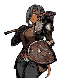 adventurer armor armour belly big_breasts big_hair blood bodyguard boobs breast_plate breastplate breasts brown_body brown_eyes brown_skin claire-鱼 eyepatch female female_focus female_only gender_bender genderswap giant_breasts gloves gray_hair grayrat_(lonarpg) hammer leather_gloves lonarpg long_hair massive_breasts milf mole mole_under_eye no_panties pants pants_open pointy_ears pose posing posing_with_weapon pussy pussy_visible_through_clothes pussy_visible_through_panties rule_63 shield tail tall_female tall_girl vagina vagina_visible_through_clothing white_background