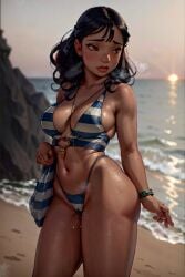 ai_generated beach belly_button black_hair_female blush clothed_female cum_under_clothes disney hawaiian leaking_cum lilo_and_stitch long_hair nani_pelekai one-piece_swimsuit solo solo_female sunset sweat swimsuit tan_skinned_female thick_thighs