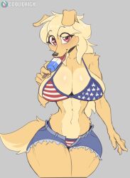 american_flag_bikini anthro big_hips bikini_top booty_shorts breast canid canine clothed cooliehigh furry pepper_(cooliehigh) red_eyes