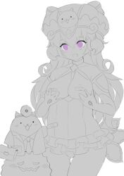 bandages blush breasts_out cat_(battle_cats) collar colorless crying crying_with_eyes_open curled_hair hands_on_breasts headphones horns kai_(battle_cats) large_hat line_art long_gloves long_hair medium_breasts nipple_pasties nipple_peek purple_eyes shoulders smiling smiling_at_another the_battle_cats