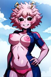 1girls ai_generated ashido_mina black_sclera boku_no_hero_academia breasts breasts_out female female_only hand_on_hip horns looking_at_viewer mina_ashido my_hero_academia panties pink_hair pink_panties pink_skin shizmaboof smiling smiling_at_viewer solo solo_female yellow_pupils