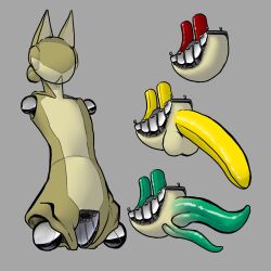 2_penises ada_(core34) anthro balls diphallia diphallism eyeless felid feline genitals green_body hi_res machine male mammal multi_genitalia multi_penis penis prick_ears robot solo thecore34 yellow_penis