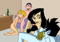 adrena_lynn alcohol ass black_hair black_hole_sun blonde_hair breasts dr._drakken fellatio foursome gloves group_sex half-closed_eyes handjob kim_possible long_hair masturbating penis senor_senior_junior shego short_hair sofa_chair tongue_out