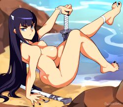 1girls bangs beach black_hair black_nail_polish black_nails blue_eyes breasts completely_nude completely_nude_female feet feet_up female female_only foot_fetish kill_la_kill kiryuuin_satsuki leaning leaning_back leg_stretch long_hair looking_at_viewer looking_back nail_polish nipples nude nude_female ocean pose rock rocks sand sea seaside shadow sheath sitting sitting_on_ground solo squeezable stretching studio_trigger sword toenail_polish toenails toes very_long_hair viewed_from_behind water