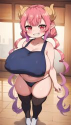 ai_generated awokose big_breasts clothed cocky_smile dragon_girl huge_breasts ilulu ilulu_(dragon_maid) ilulu_(maidragon) midget miss_kobayashi's_dragon_maid pink_hair short_stack shortstack stable_diffusion