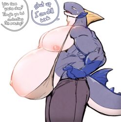 anthro blue_body bottomwear clothing countershading fin fish hi_res kavsling king_slabu male marine nipples pants pregnant pregnant_male scombrid scombriform solo tail tuna white_body white_countershading