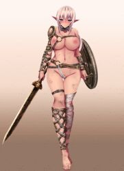 absurdres akina_t blue_eyes blush breasts dirty dirty_face dirty_feet female female_focus full_body highres large_breasts long_hair looking_at_viewer nipples simple_background solo standing warrior weapon white_hair