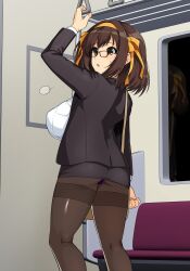 1girls arm_up breasts glasses haruhisky large_breasts panties pantyhose skirt solo standing suzumiya_haruhi suzumiya_haruhi_no_yuuutsu tagme train_interior