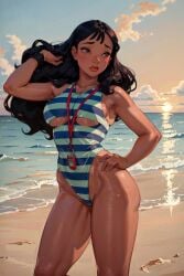 ai_generated beach black_hair_female clothed_female disney hawaiian lifeguard lilo_and_stitch long_hair nani_pelekai shizmaboof solo solo_female sunset tan_skinned_female thick_thighs underboob