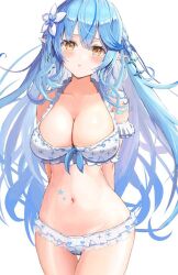 :t arched_back arm_garter bikini bikini_skirt blue_hair blush breasts brown_eyes cleavage colored_tips cowboy_shot curvy double-parted_bangs female flower frilled_bikini frills groin hair_flower hair_ornament hololive hololive_gen_5 hololive_japan hololive_summer_2022_swimsuit large_breasts long_hair looking_at_viewer lowleg lowleg_bikini miniskirt multicolored_hair narrow_waist navel official_alternate_costume pointy_ears pout print_bikini skirt solo stomach streaked_hair swimsuit thigh_gap tsetainsu very_long_hair virtual_youtuber white_background white_bikini white_flower wide_hips yellow_eyes yukihana_lamy