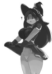 ? big_breasts bottomless brickshoes confused cosplay exposed_pussy gloves lifting_skirt question_mark shadowleggy skirt_lift sole_female witch witch_costume witch_hat youtube youtuber_girl