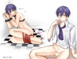 1boy blue_eyes blue_hair carlos_marlon chef_uniform choker erect_penis erection evillious_chronicles half-dressed kaito_(vocaloid) light-skinned_male male male_focus male_only penis_out solo_male vocaloid