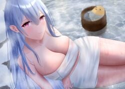 1animal 1girls alternate_costume azur_lane blue_hair blush breasts cleavage female female_only hot_spring huge_breasts light-skinned_female light_skin looking_at_viewer manjuu_(azur_lane) northern_parliament_(azur_lane) official_alternate_costume onsen pink_eyes sawtooth_(sawtooth3388) smile solo towel towel_only voroshilov_(azur_lane) voroshilov_(devoted_as_the_warm_snow)_(azur_lane) water