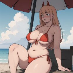 1girls ai_generated alternate_breast_size beach beach_umbrella bikini blush breasts chainsaw_man chubby curvy embarrassed female female_only gardener_ai large_breasts long_hair open_mouth peach_hair power_(chainsaw_man) red_bikini side-tie_bikini sitting skimpy solo string_bikini thick_thighs wide_hips yellow_eyes