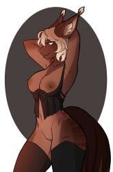 anthro areola breasts brown_areola brown_body brown_fur brown_nipples clothing domestic_cat ear_tuft exposed_breasts felid feline felis female fur genitals hair hands_behind_head hi_res lingerie mammal morgdl nipples pussy saoirse_(allen_fuller) solo solo_focus tuft white_hair