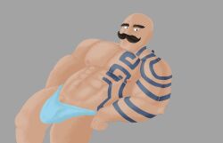 1boy abs bara blue_eyes braum huge_arms laying_on_back league_of_legends league_of_legends:_wild_rift looking_at_viewer moustache muscular muscular_arms muscular_male nipples pecs tattoo tattoo_on_arm tattoo_on_chest tattooed_arm thick_thighs tight_clothing tight_underwear