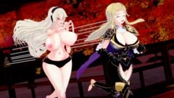 >_< 2girls 3d alternate_costume bare_thighs black_panties blonde_hair chasing cleavage cleavage_cutout closed_eyes clothes_theft corrin_(female)_(fire_emblem)_(cosplay) corrin_(fire_emblem) corrin_(fire_emblem)_(female) cosplay female female_only fire_emblem fire_emblem_fates fire_emblem_heroes huge_breasts inner_thighs long_hair multiple_girls night nintendo ophelia_(fire_emblem) outdoors panties rhcpftw running smile theft thighs topless underwear white_hair