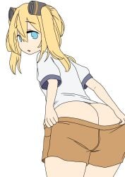 blonde_hair blue_eyes brown_pants daebom female flat_chest holding_pants l3_33cc looking_at_viewer tagme war_thunder white_clothing