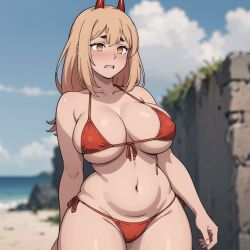 1girls ai_generated alternate_breast_size beach breasts chainsaw_man chubby curvy female female_only gardener_ai large_breasts long_hair peach_hair power_(chainsaw_man) red_bikini side-tie_bikini solo thick_thighs wide_hips yellow_eyes