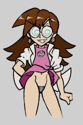 1girls bottomless covered_pussy crotch_plate glasses labcoat mega_man mega_man_legends navel no_panties no_pants slumburger tron_bonne upskirt