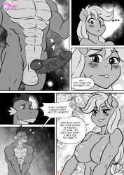 anthro anthrofied applejack_(mlp) balls big_breasts blush breasts comic covering covering_crotch covering_self dialogue dragon duo english_text equid equine female freckles friendship_is_magic genitals hasbro hi_res male mammal muscular muscular_male my_little_pony nipples nude page_17 penis pia-sama scalie straight_hair text vein veiny_penis