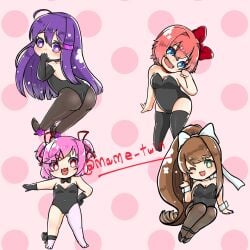 4girls 5_fingers artist_name ass back black_bow black_bowtie black_gloves black_heels black_shoes blue_eyes bow bowtie bunny_suit bunnysuit butt chibi clothed clothes clothing collar covering_mouth doki_doki_literature_club female female_human female_only gloves green_eyes hair_bow hair_intakes hairbow heels hindquarters human human_female human_only long_hair mame_twin monika_(doki_doki_literature_club) mouth_cover mouth_open multiple_females multiple_girls natsuki_(doki_doki_literature_club) one_eye_closed only_female open_mouth pink_background pink_hair polka_dot polka_dot_background polka_dots presenting presenting_ass presenting_butt presenting_hindquarters purple_eyes purple_hair red_bow red_eyes red_hair_bow red_hairbow sayori_(doki_doki_literature_club) shiny shiny_skin shiny_thighs shoes star_eyes starry_eyes stars_in_eyes strawberry_blonde_hair thigh_highs thighhighs thighs tilted_head tilting_head tongue twitter_username wink winking winking_at_viewer yuri_(doki_doki_literature_club)