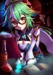 1girls alchemist breasts brown_eyes cleavage female female_only genshin_impact glasses green_hair highres hoyoverse kemonomimi leaning_forward long_hair looking_at_viewer magic night pudding300 pushing_breasts_together self_upload shy solo solo_focus squeezing_breast sucrose_(genshin_impact) tagme