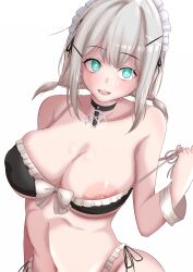 1girls a_(sumi-chan) areola areola_slip azur_lane belly_button big_breasts bikini breasts cleavage eyebrows_visible_through_hair female female_only green_eyes grey_hair happy headdress light-skinned_female light_skin looking_at_viewer manchester_(a_moment_in_the_shade)_(azur_lane) manchester_(azur_lane) nipples royal_navy_(azur_lane) solo star-shaped_pupils swimsuit symbol-shaped_pupils