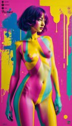 ai_generated belly belly_button breasts colorful_background drvolitient girl naked nude purple_hair pussy standing thighs vagina