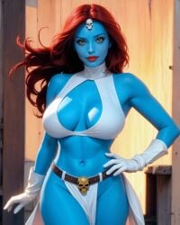 ai_generated big_breasts blue_skin cleavage female_focus female_only gloves looking_at_viewer looking_pleasured marvel marvel_comics mystique partially_clothed red_hair redhead solo solo_female solo_focus supervillainess thick thick_legs thick_thighs villainess white_gloves x-men zaloran