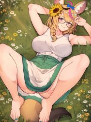 1girls animal_ears armpits breasts closed_mouth dress feet from_above glasses hololive hololive_gen_5 hololive_japan large_breasts legs_apart meadow naughty_face omaru_polka on_back painted_nails painted_toenails smile solo thick_thighs toes varniskarnis virtual_youtuber